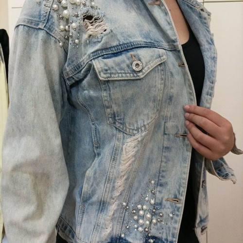 Denim jacket like new with rips, pearls and rhinestones