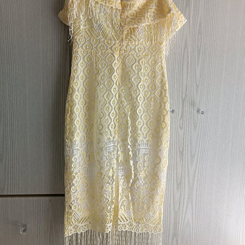 Cubic strapless cocktail dress with fringes like new, white and yellow