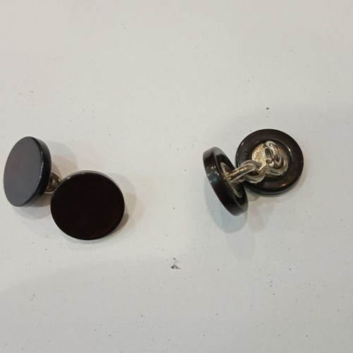 Cufflinks new black round plastic with deep burgundy hint