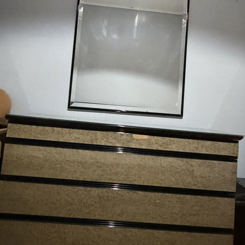 Bedroom furniture set used, includes bed, mattress, storage, nightstands, vanity, mirror