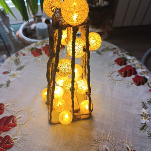Eco Wooden Pyramid Lamp with Glowing Cotton Ball Lights, New