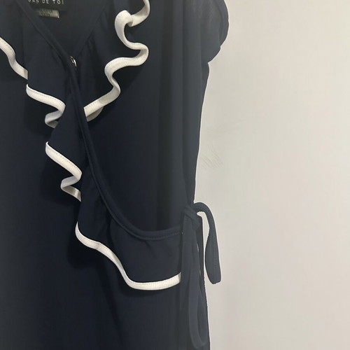 Morgan de Toi Navy Blue Wrap Midi Dress with Ruffle and Contrast Trim like new