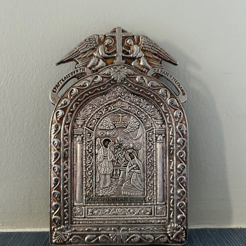 Religious icon of Panagia Tinos used, silver with 24k gold plating