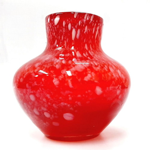 Ruby Red Glass Vase 1980s like new, white drops, 11 cm