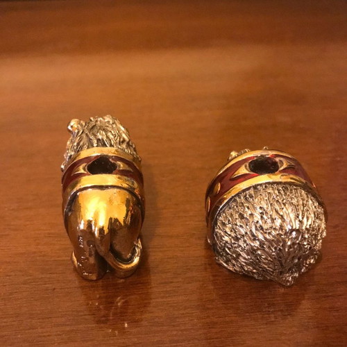 Hedgehog and lion set used, miniature enamel figurines