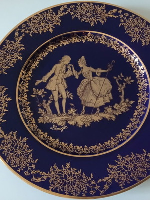 Limoges France porcelain plate used, cobalt blue with gilded details