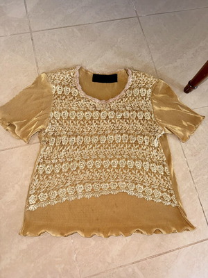 Vintage blouse with lace, beige and yellow, size M