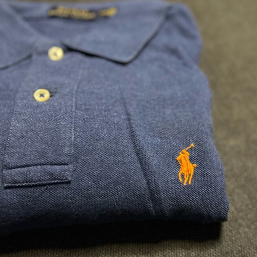 Men's Ralph Lauren polo shirt short sleeve blue with orange logo like new, size M