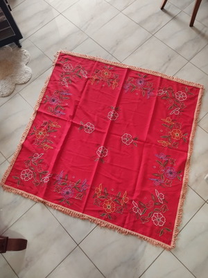 Handmade embroidered tablecloth 135x135 cm with fringes, red floral, used