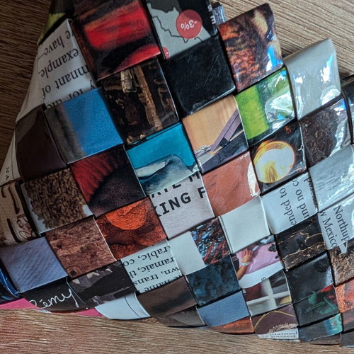 Handmade upcycled clutch from recycled magazine like new, multicolor