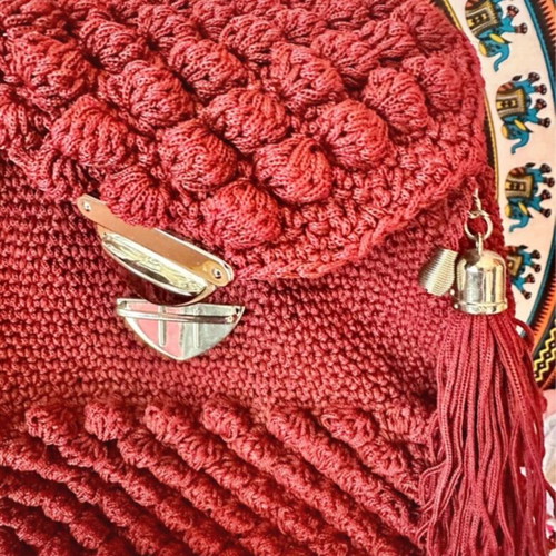 Handmade burgundy backpack like new with embossed bubbles knitting