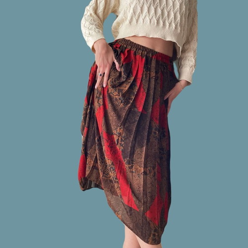 Vintage midi pleated skirt in burgundy and brown