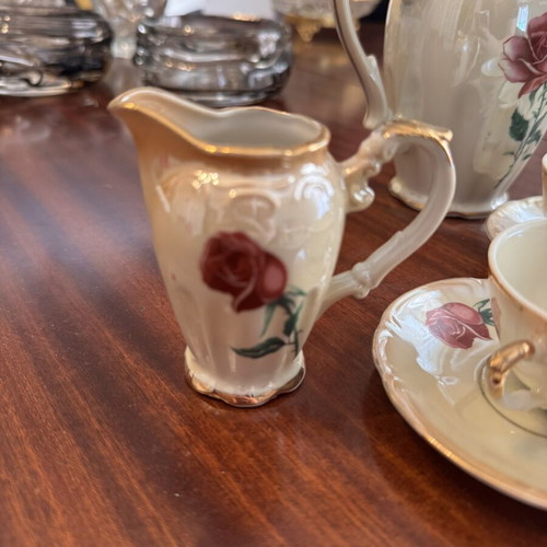 Vintage porcelain tea set with flowers and gold details, like new