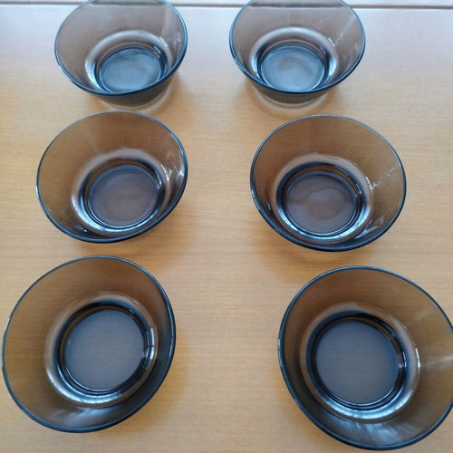 Vereco France 6+1 Bowl Set smoked glass 70s vintage mint condition