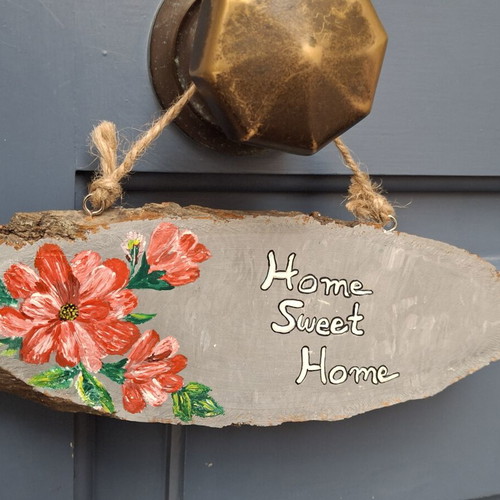 Wooden door sign hand-painted with red flowers, made to order