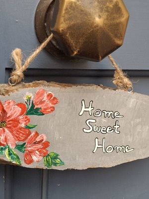 Wooden door sign hand-painted with red flowers, made to order