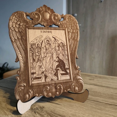 Wooden table icon of the Resurrection new with carved frame and angel wings