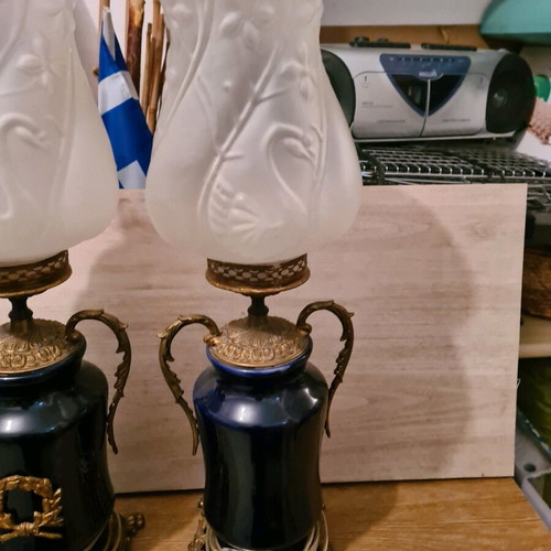 French table lamps pair used, porcelain and brass dark blue