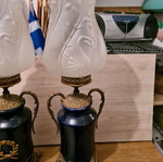 French table lamps pair used, porcelain and brass dark blue