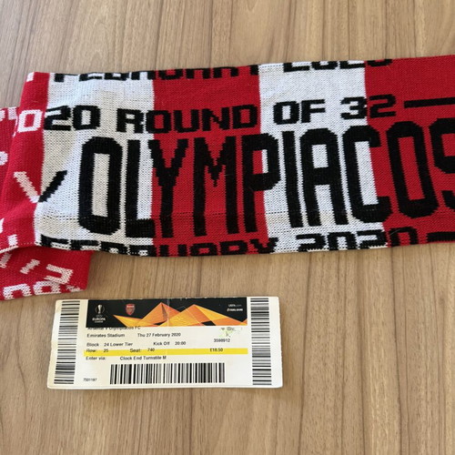 Arsenal Olympiacos 2019/20 Europa League Scarf with Authentic Ticket like new