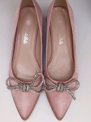 Pink satin ballerinas with rhinestone bows, new, size 37