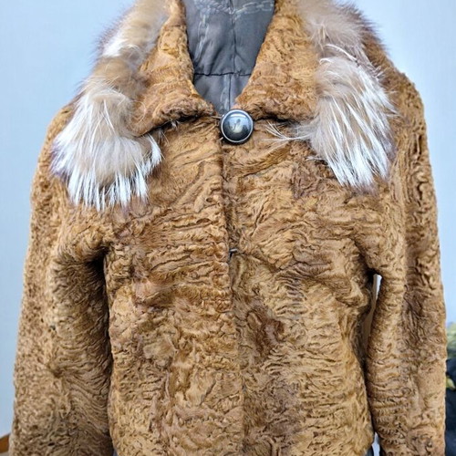 Swakara fur jacket with fox trim collar new, beige