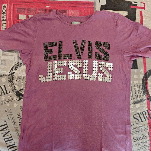 T-shirt Elvis Jesus rock n roll XL used, purple, handmade