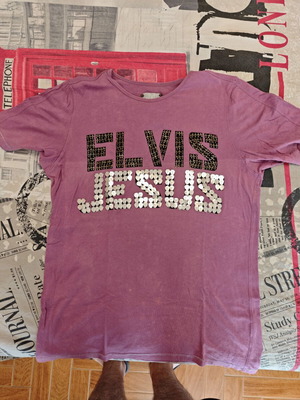 T-shirt Elvis Jesus rock n roll XL used, purple, handmade