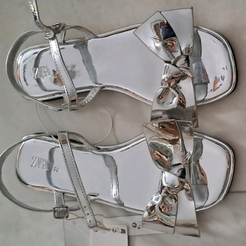 Zara silver mirrored sandals with bow new, size 38