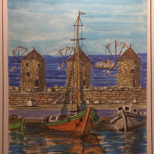 Painting watercolor and pen of Rhodes by artist Perris new 25x35