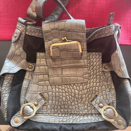Fullah Sugah leather shoulder bag, black velvet with croco pattern, vintage