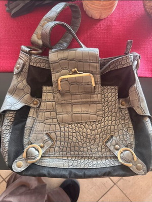 Fullah Sugah leather shoulder bag, black velvet with croco pattern, vintage