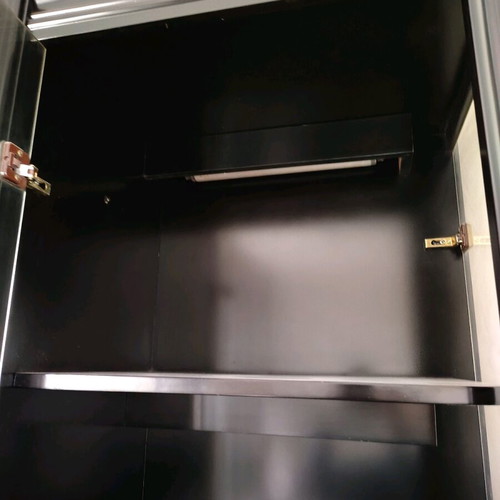 Wooden showcase like new, black with interior light and 8 deep shelves