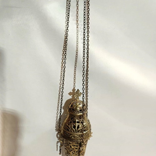Bronze hanging lamp used with depiction of Saint George