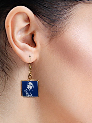 Σκουλαρίκια Silent Muse Drops καινούργια με γυναικείο πρόσωπο σε μπλε και χρυσαφί