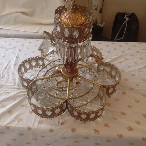 Vintage ceiling lights pair used, brass frame with glass crystals