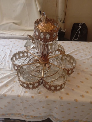 Vintage ceiling lights pair used, brass frame with glass crystals