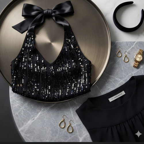 Zara evening set with sequin top and alpha-line skirt, like new, size S-M