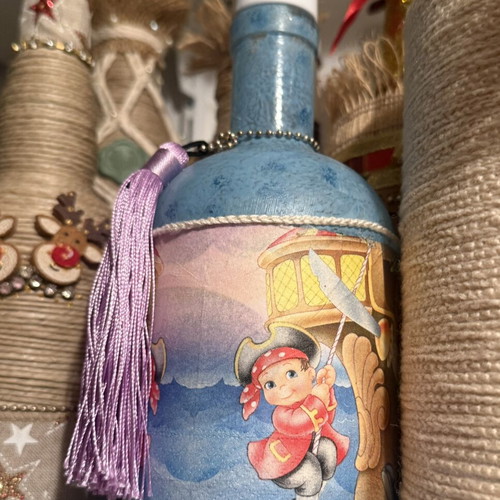 Decorative bottle with pirate decoupage, like new, handmade