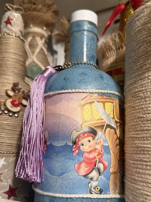 Decorative bottle with pirate decoupage, like new, handmade