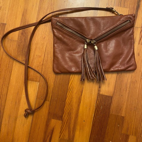 Leather crossbody bag camel brown used with envelope style