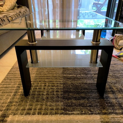Modern coffee table used, glass and wood, 100x60x42 cm