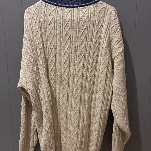 Men's preppy-varsity style V-neck sweater Large, like new, beige and blue