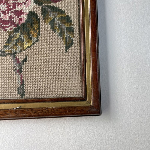 Vintage handmade embroidery wall frame with flowers and wooden frame