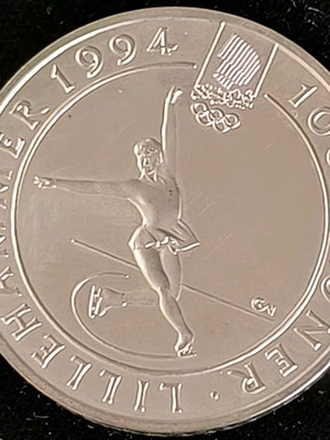100 Korones 1991 used, silver 0.925, Lillehammer Winter Olympic Games