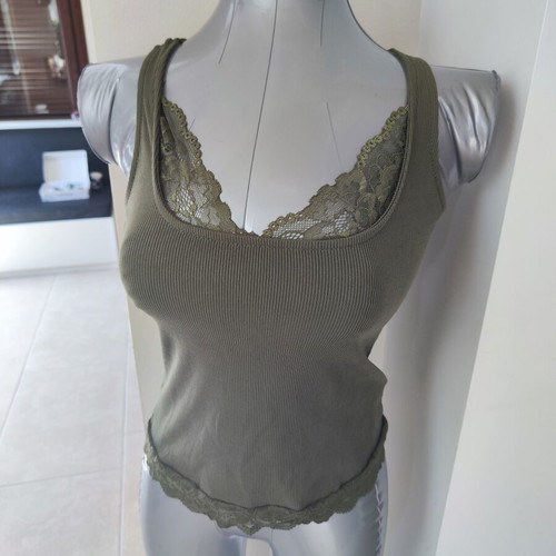 Top with lace details, new, size Small, khaki
