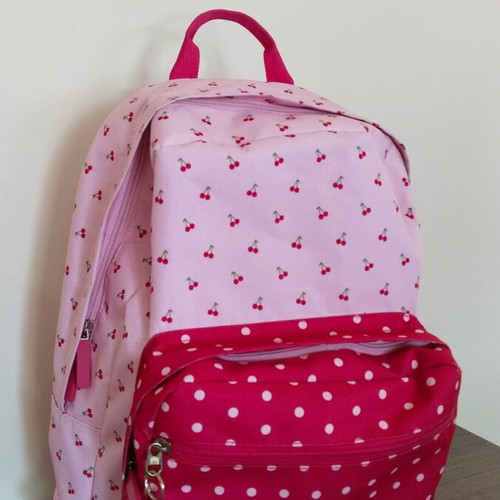 School bag used, pink with cherry and polka dot pattern