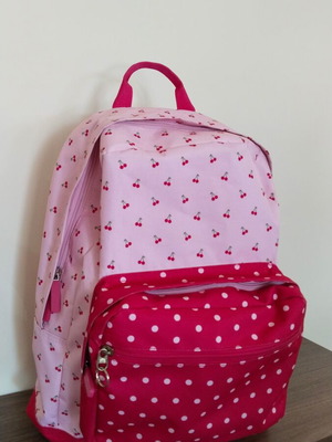 School bag used, pink with cherry and polka dot pattern