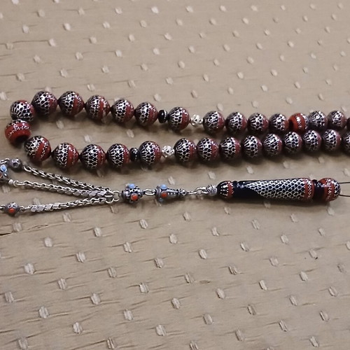 Worry beads black coral and silver with red coral, like new