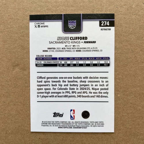 Topps Chrome Rookie Nique Clifford Refractor σαν καινούργιο